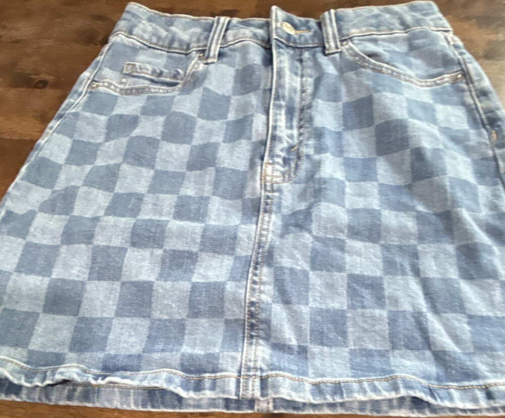 Wild Fable Girls Blue Check Denim Mini Skirt Size 4 Button, Pockets, Loops